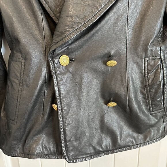 100% LEATHER gorgeous classic vintage 90s gold button blazer stretch women M - Picture 3 of 14